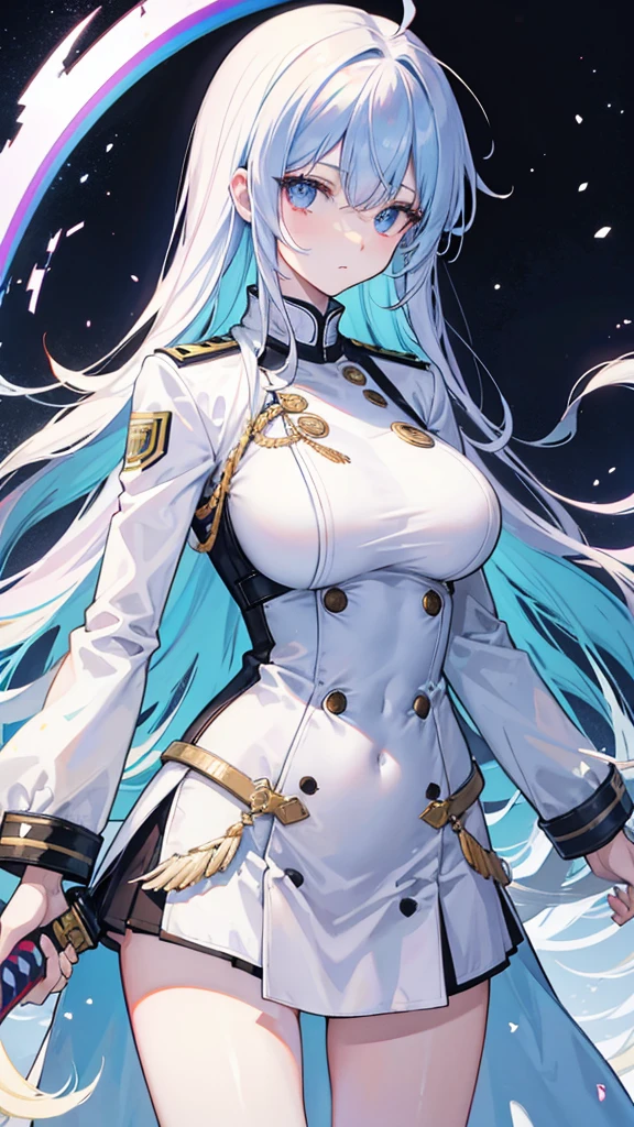 rainbow colored hair, expressionless, neat white uniform, holding a sword, very large breasts, long straight hair