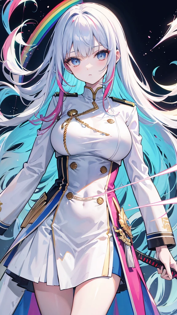 rainbow colored hair, expressionless, neat white uniform, holding a sword, very large breasts, long straight hair