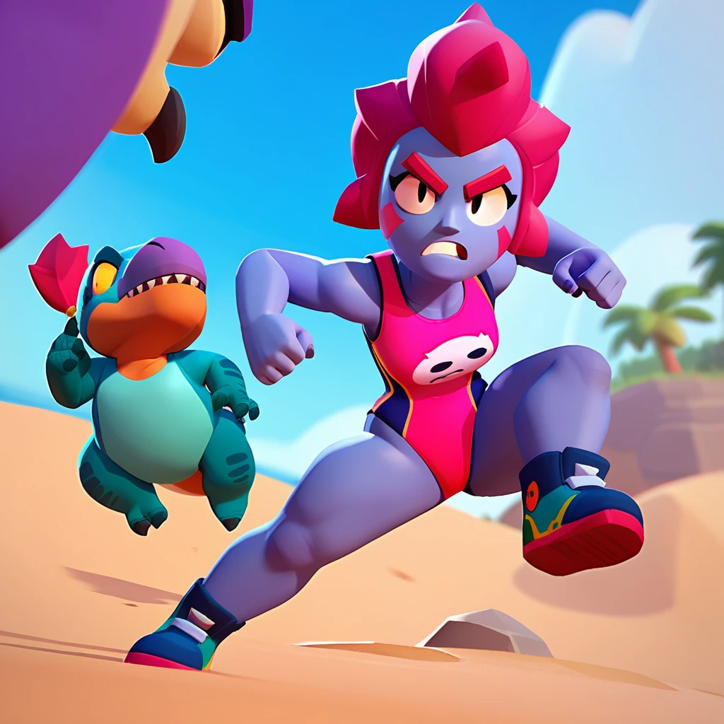 full view of a dinosaur, female, dark blue skin, dinosaur dressed in a swimsuit, having pink and white buoy, dinosaur animal, fight, brawl stars