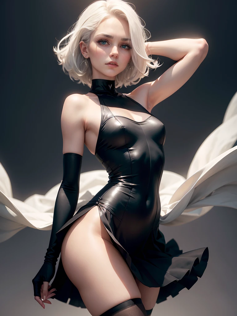 A skinny blonde wearing a short, sleeveless black dress flying in the wind, Sexy beautiful ass in a short dress she is facing forward, Blonde with white hair, white hair,has a thin waist and slender legs, she is wearing long black knee-high socks, black gloves, Small breasts, black sleeveless dress, short black dress, pleated black dress, stockings, dark makeup on eyelids, dark lipstick, tied black hair, Sweet, sweet girl, with kind eyes, innocent and kind face. Blurred black minimal background, minimal gray background, 1 solo, Style: portrait, blurred background f1.2, full HD resolution, 8k, Dark vignette at the edges, cinematic effect with soft shadows and light and shadow curve at -10, best quality, professional realistic, detailed eye, double eyelid, brighten skin, real hair, realistic skin texture, Masterpiece texture, realistic clothing texture, perfect face and body, Never show hands, hidden hands, blurred hands.
