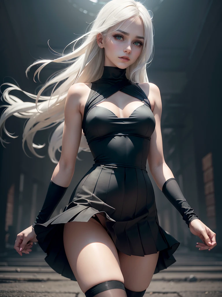 A skinny blonde wearing a short, sleeveless black dress flying in the wind, Sexy beautiful ass in a short dress she is facing forward, Blonde with white hair, white hair,has a thin waist and slender legs, she is wearing long black knee-high socks, black gloves, Small breasts, black sleeveless dress, short black dress, pleated black dress, stockings, dark makeup on eyelids, dark lipstick, tied black hair, Sweet, sweet girl, with kind eyes, innocent and kind face. Blurred black minimal background, minimal gray background, 1 solo, Style: portrait, blurred background f1.2, full HD resolution, 8k, Dark vignette at the edges, cinematic effect with soft shadows and light and shadow curve at -10, best quality, professional realistic, detailed eye, double eyelid, brighten skin, real hair, realistic skin texture, Masterpiece texture, realistic clothing texture, perfect face and body, Never show hands, hidden hands, blurred hands.