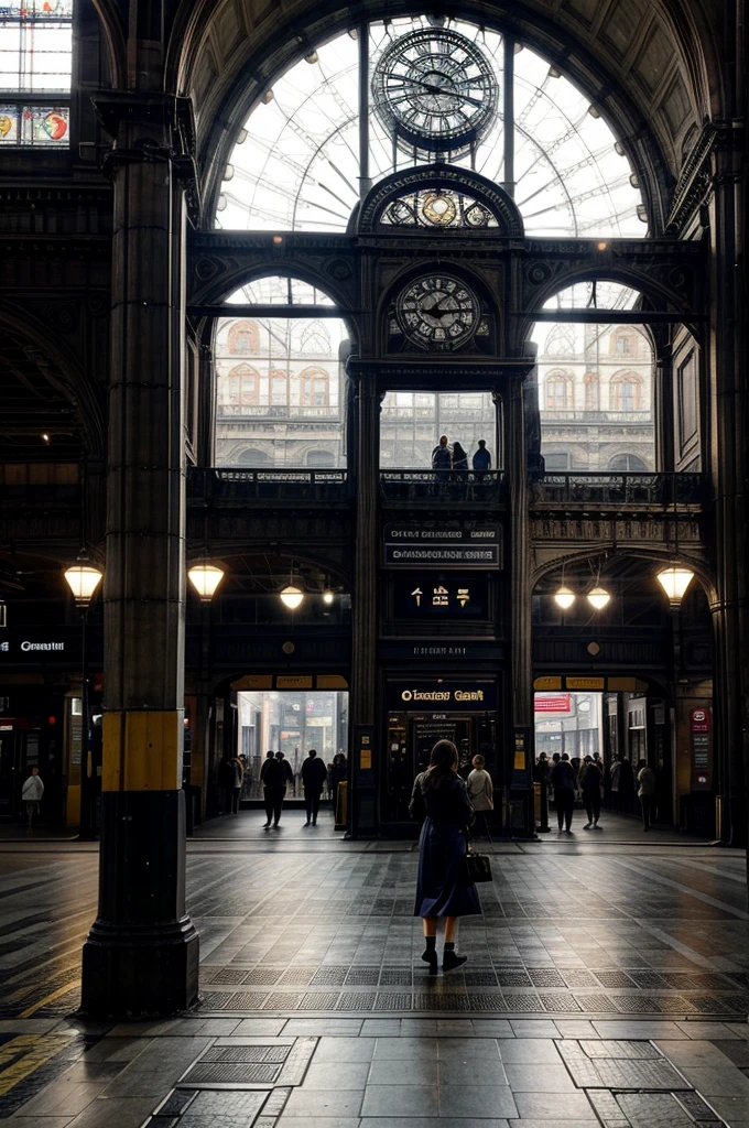 The grand hall of Waterloo Station was bustling with life. The iconic clock towered above the sea of commuters, its hands steadily ticking towards another busy hour. The vast expanse of the station was filled with the sounds of hurried footsteps, the murmur of conversations, and the occasional announcement echoing through the air. Sunlight filtered through the large, arched windows, casting a warm glow on the historic architecture, blending the old with the new. The platforms were lined with sleek trains, ready to whisk passengers away to their destinations. Amidst the chaos, a sense of organized rhythm pulsed through the station, embodying the very spirit of London itself.