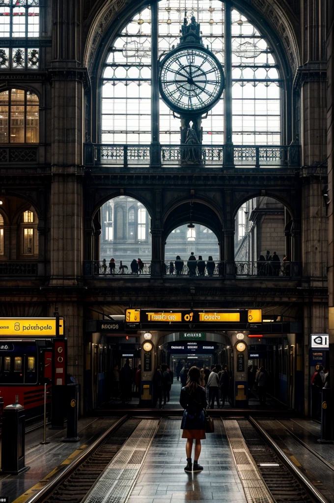 The grand hall of Waterloo Station was bustling with life. The iconic clock towered above the sea of commuters, its hands steadily ticking towards another busy hour. The vast expanse of the station was filled with the sounds of hurried footsteps, the murmur of conversations, and the occasional announcement echoing through the air. Sunlight filtered through the large, arched windows, casting a warm glow on the historic architecture, blending the old with the new. The platforms were lined with sleek trains, ready to whisk passengers away to their destinations. Amidst the chaos, a sense of organized rhythm pulsed through the station, embodying the very spirit of London itself.