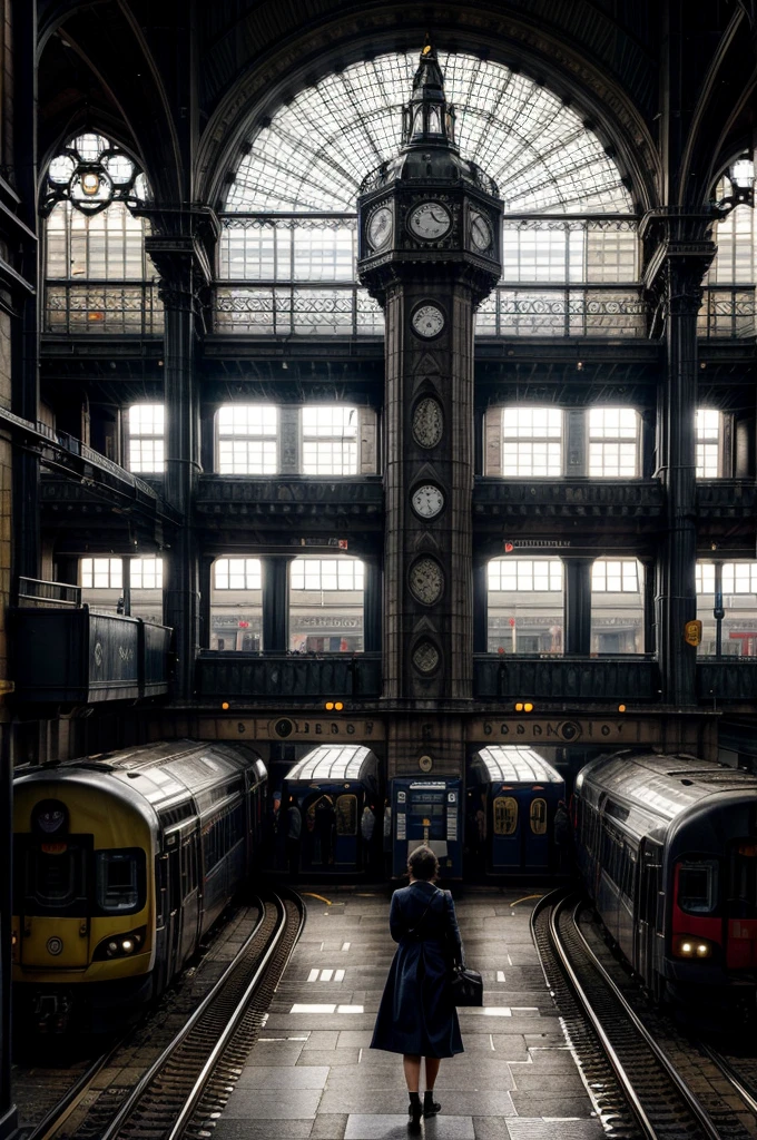 The grand hall of Waterloo Station was bustling with life. The iconic clock towered above the sea of commuters, its hands steadily ticking towards another busy hour. The vast expanse of the station was filled with the sounds of hurried footsteps, the murmur of conversations, and the occasional announcement echoing through the air. Sunlight filtered through the large, arched windows, casting a warm glow on the historic architecture, blending the old with the new. The platforms were lined with sleek trains, ready to whisk passengers away to their destinations. Amidst the chaos, a sense of organized rhythm pulsed through the station, embodying the very spirit of London itself.