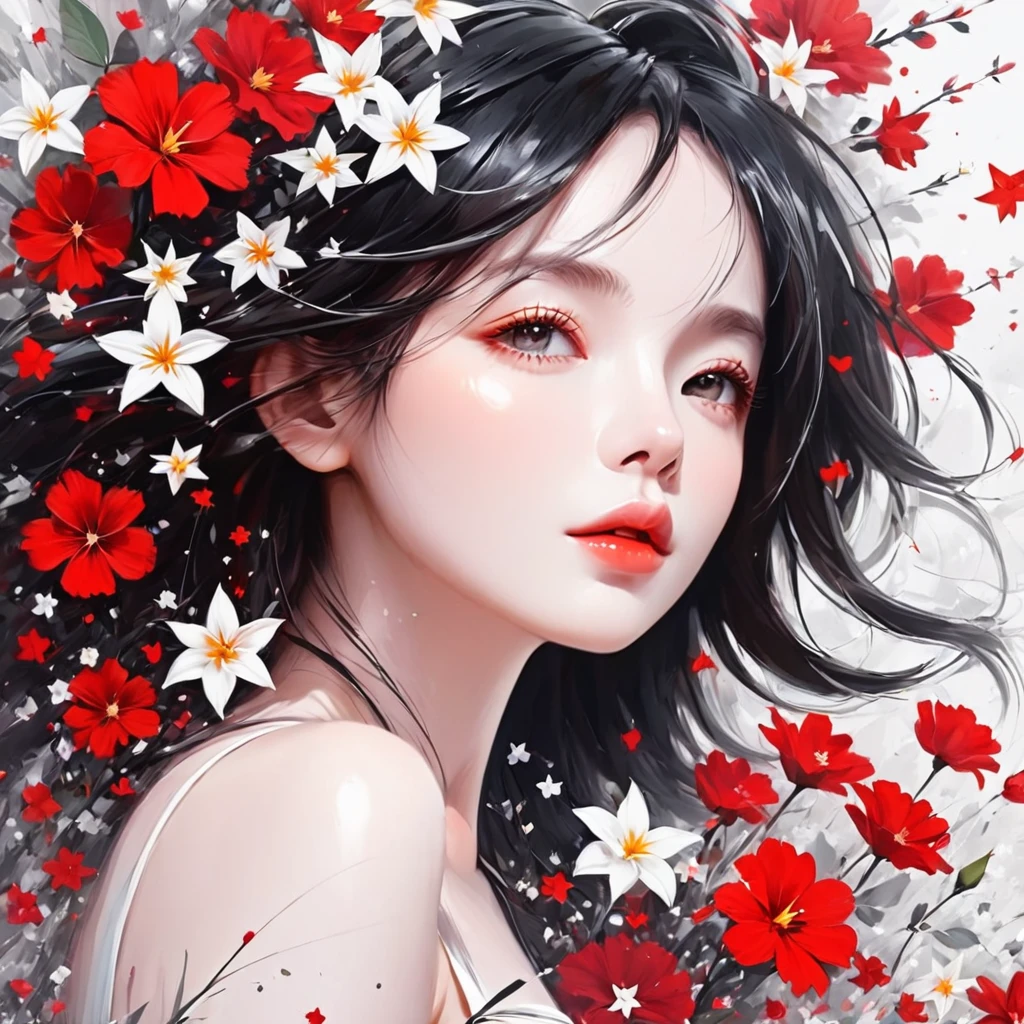 Black Star Red and White style, Simple Line Initialism，Abstract art，Urban Background, colorful flowers ,(((The most beautiful girl of all time))), Sweet face., Lips in love