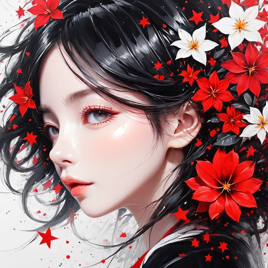 Black Star Red and White style, Simple Line Initialism，Abstract art，Urban Background, colorful flowers ,(((The most beautiful girl of all time))), Sweet face., Lips in love