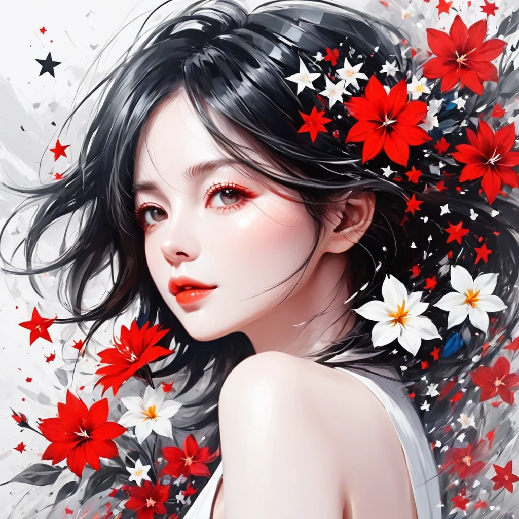 Black Star Red and White style, Simple Line Initialism，Abstract art，Urban Background, colorful flowers ,(((The most beautiful girl of all time))), Sweet face., Lips in love