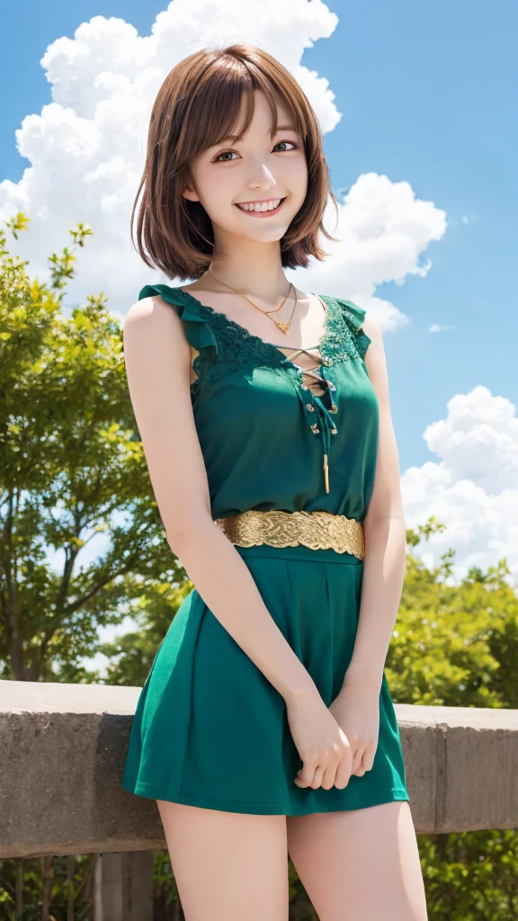young woman,Anime Style,shoulder-length brown hair,Golden Eyes,Tops with lace-up front,necklace,Green cloth around the waist,Brown patterned skirt,Relaxed posture,Smiling,The background is blue sky,A few clouds,Bright and relaxed atmosphere,Soft lighting,Panty shot