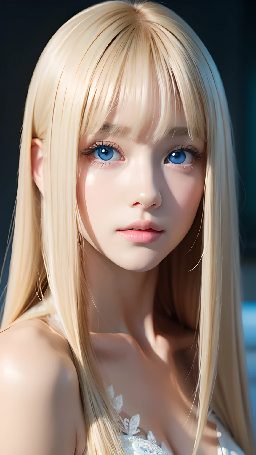 Highest quality、masterpiece、(Realistic:1.4)、One very beautiful blonde girl、Dazzlingly long, super long straight silky platinum blonde、Bangs between the eyes、bangs on the face、Big, very bright light blue eyes that shine so beautifully、Very big eyes、front、Detailed face、Beautiful Eyes、Very white and bright, beautiful skin、Small Face Beauty、14 year old beautiful girl、Cheek gloss highlighter、Round face