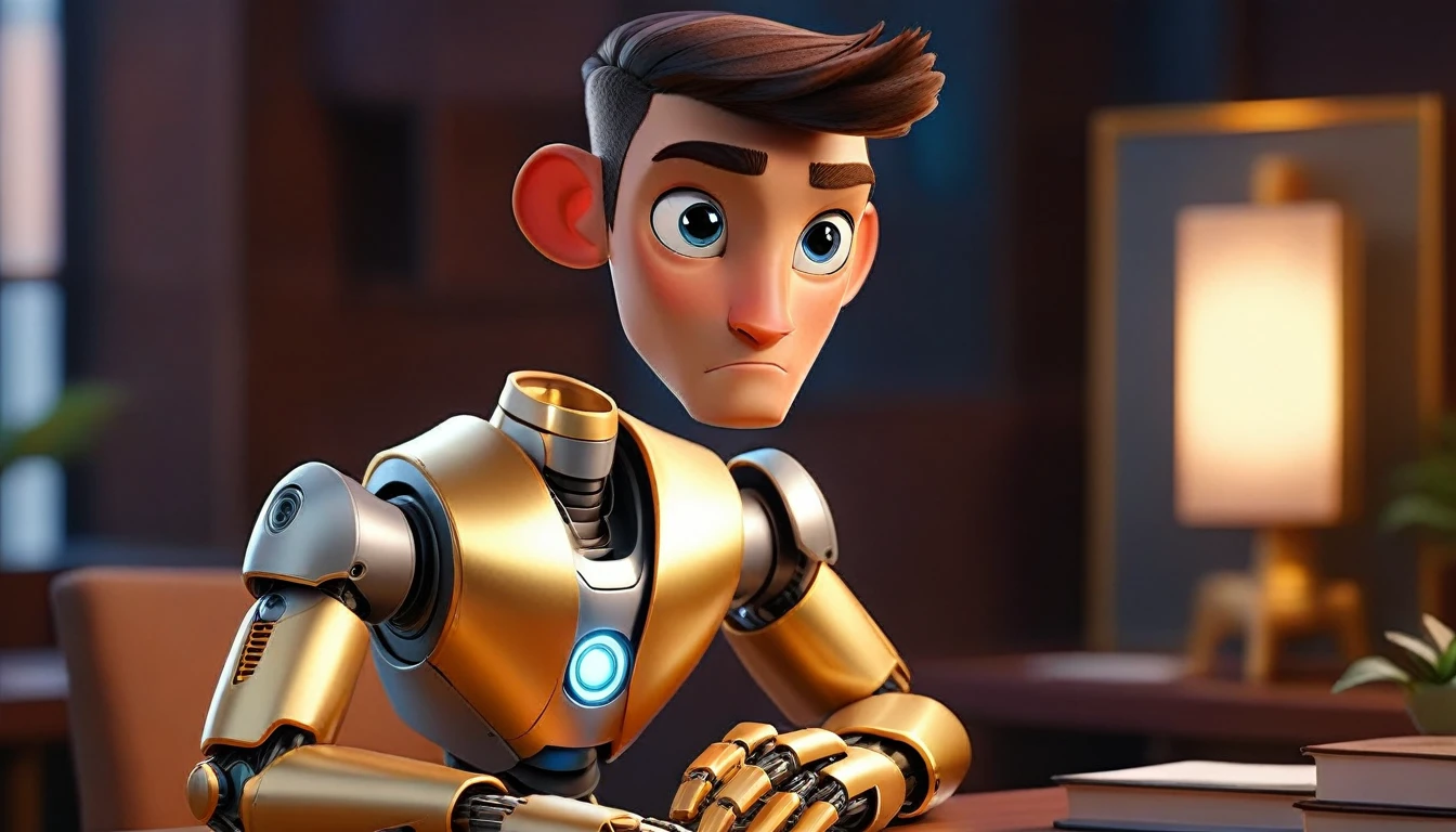 animated avatar of professional male robot looking at camera, adult human facial features, boca, This avatar reflects innovation, the success, expresion facial friendly y carismatica, expressive eyes. gold and silver aspects, sitting at a desk with a room background, friendly, mirando al frente mirando a la camara de forma friendly