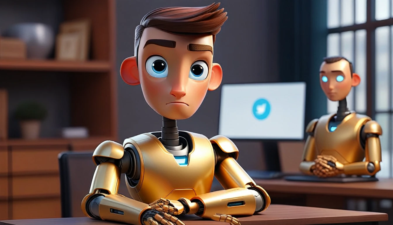 animated avatar of professional male robot looking at camera, adult human facial features, boca, This avatar reflects innovation, the success, expresion facial friendly y carismatica, expressive eyes. gold and silver aspects, sitting at a desk with a room background, friendly, mirando al frente mirando a la camara de forma friendly
