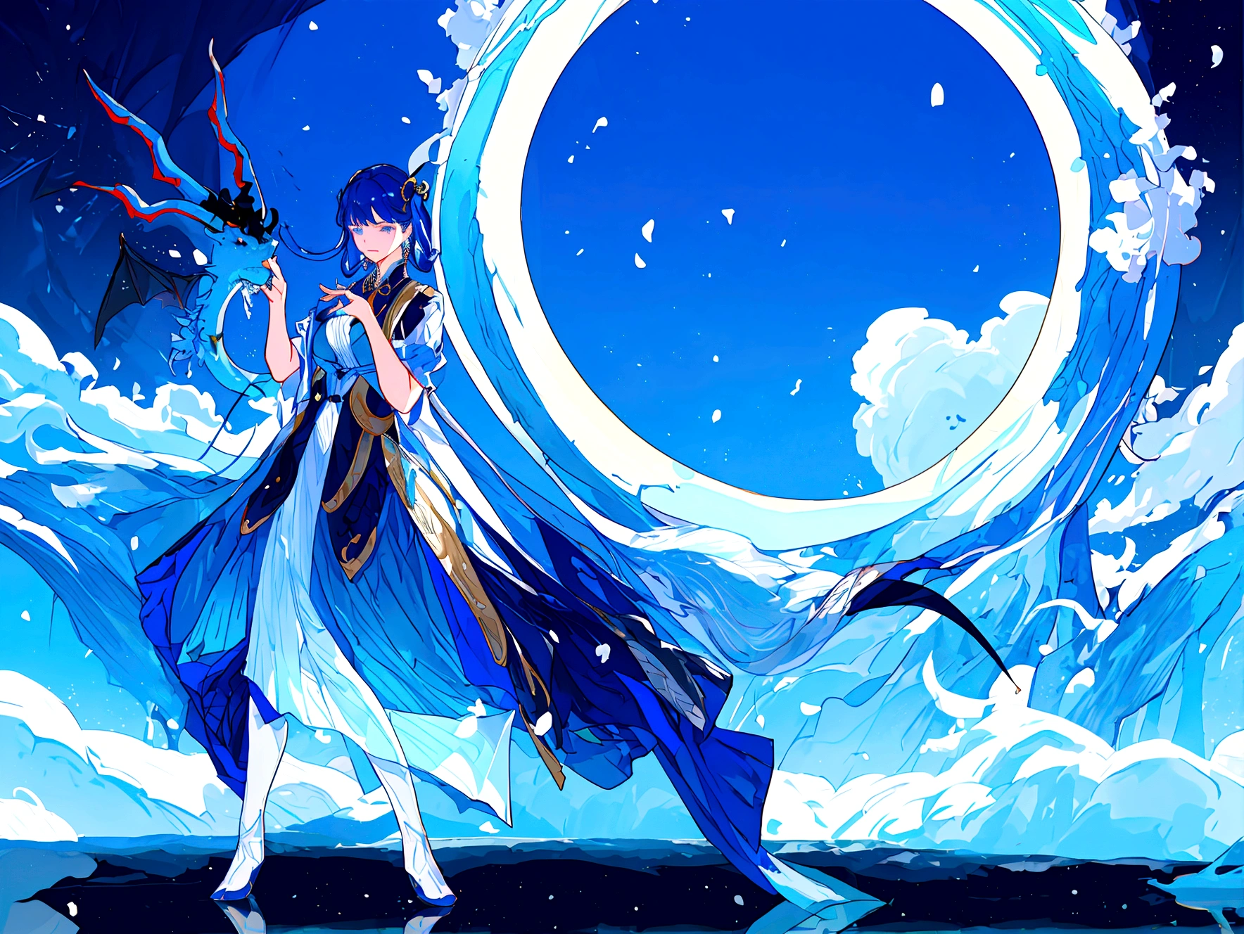 Character (jinshi) (character in dynamic pose) (full body) (blue long dragon background)