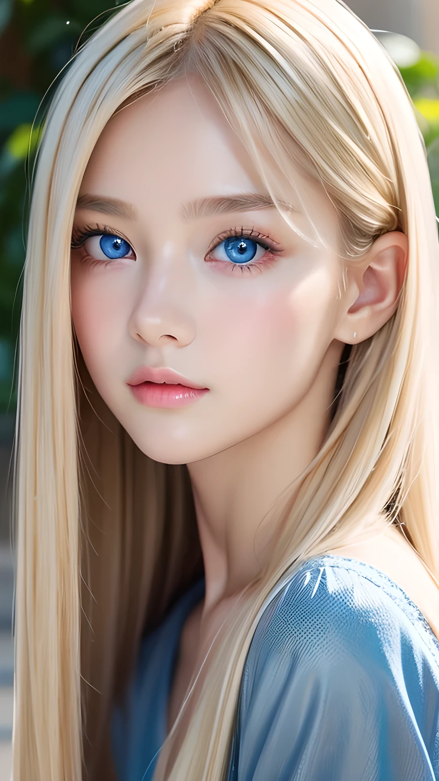 Highest quality、masterpiece、(Realistic:1.4)、One very beautiful blonde girl、Dazzlingly long, super long straight silky platinum blonde、Bangs between the eyes、bangs on the face、Big, very bright light blue eyes that shine so beautifully、Very big eyes、front、Detailed face、Beautiful Eyes、Very white and bright, beautiful skin、Small Face Beauty、 beautiful girl、Cheek gloss highlighter、Round face