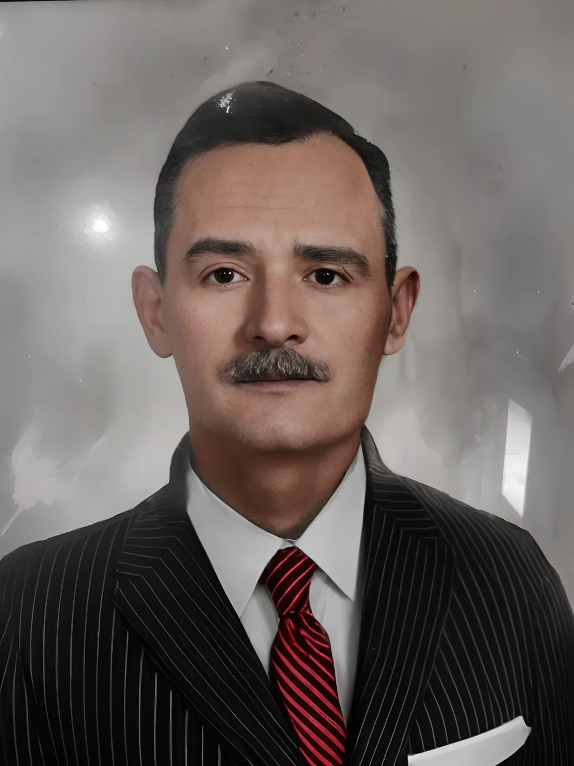 Make this photo look realistic and detailed, there is a man in a black suit and red tie with a mustache, 50 years old man, Pablo Hurtado de Mendoza, ignacio fernandez rios, Juan Jose Serrano, a colorized photo, very detailed potrait, realistic portrait photo, close up potrait, profile portrait, very detailed face, very realistic face, very perfected face, very detailed clothes, very realistic clothes, very perfected clothes