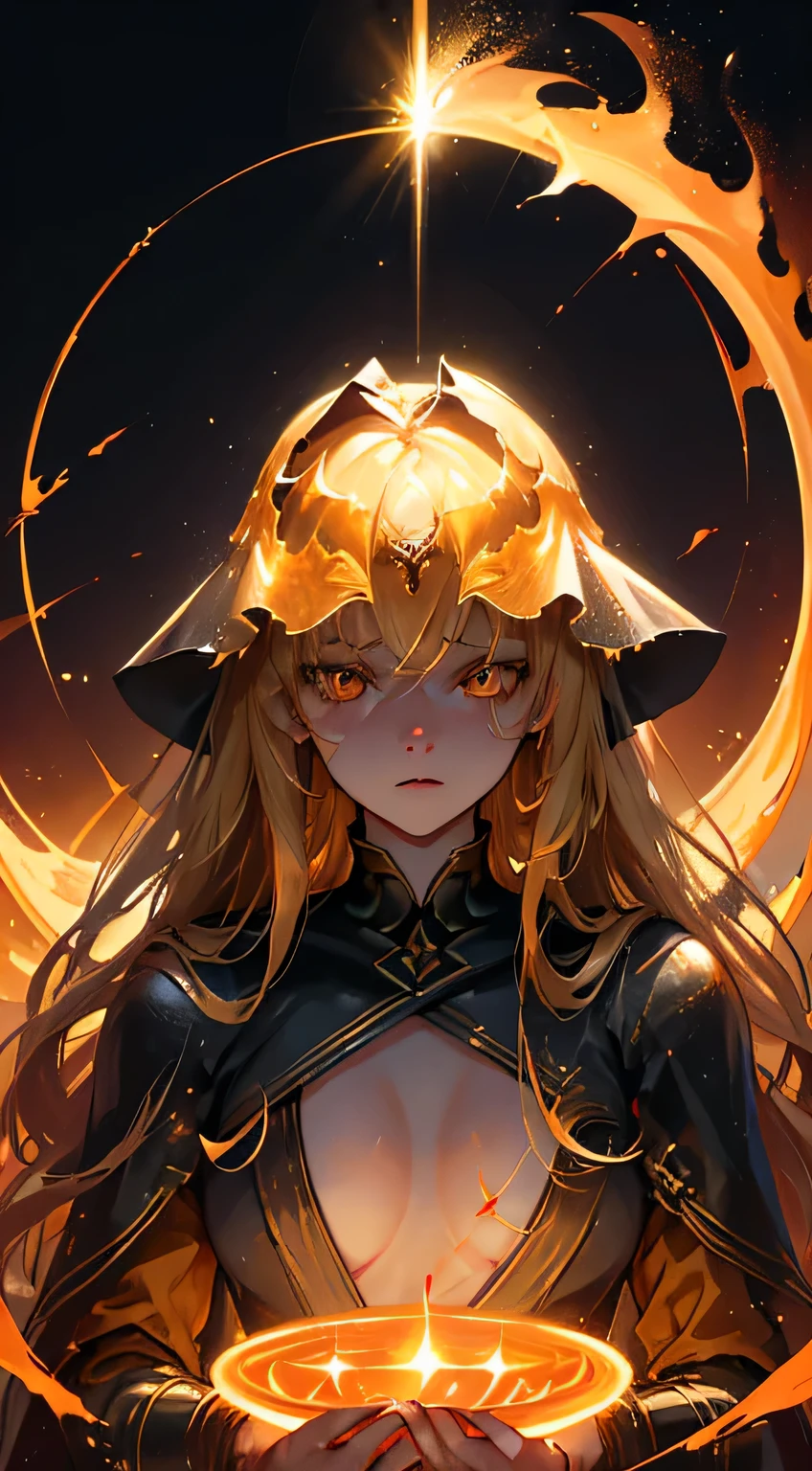 1woman, determined, sitting, (long straight hair, golden aura:1), fierce eyes, pale complexion, ((bright orange eyes)), ((rippling_flames_eyes:0.7, durable sun plate veil, defined features:0.9, determined_pupils:1)), (hip shot), profile view, ((Defillicher forest, golden fields, ashes falling:0.8, three flames glowing in front, daylight:1)), medium cleavage, reflecting, (head bowed), gravity pull right, tall and statuesque, fine details, bright highlights, day, nature, bones showing, lower half in frame, wearing bright armor, embracing the sun,