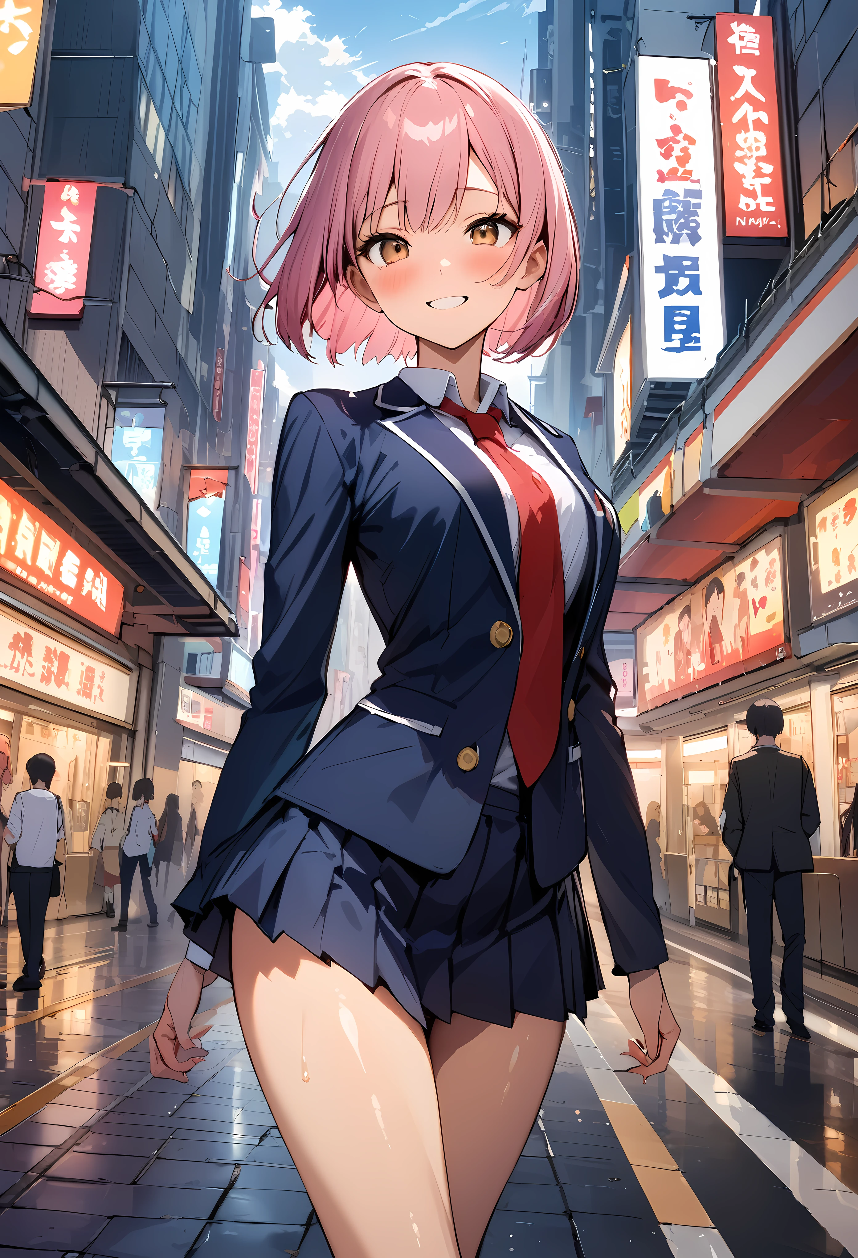 ((masterpiece,Highest quality:1.3,best quality illustration)),cowboy shot,1woman,16-year-old Japan beauty,((very small head:1.2)),short bob hair,bangs,(pink hair),brown eyes,gorgeous eyes,blush,smile,medium breasts,((very long body)),(School uniform,Navy blue blazer、Red tie、White Shirt、Navy blue pleated mini skirt),(toned body,slender body,skinny),gleaming skin,shiny skin,oily skin,standing,Shibuya Station、Tokyo