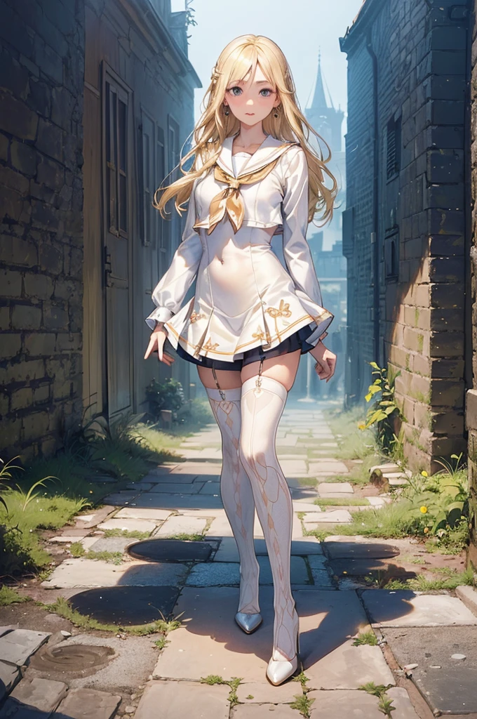 ((Biologically correct limb count)),(( From head to toe,Full-body photo including face)),4K,((Standing position)),masterpiece,((Focus on the face)),((Symmetrical facial features)),Eyes with detailed description,Beautiful woman,Great style,Beautiful arms,Beautiful legs,Beautiful Hands,(Small Ass,Thin thighs),Facial detailing,Small earrings,necklace,(Sailor suit,mini skirt((High heels,Patterned stockings))),((Standing in front of an old castle in the daytime sun, looking up)),Silk gloves,(((Blonde))),(Thick fog),Realistic photo