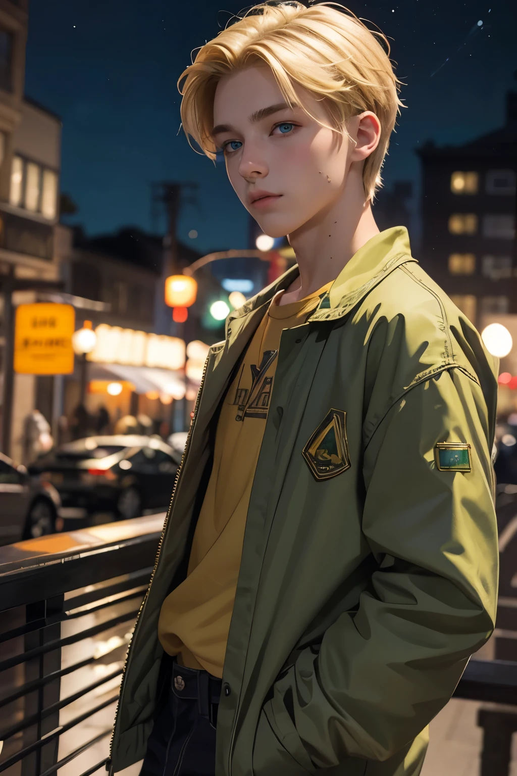 Beautiful boy,  male, blonde hair, big slanted eyes, green eyes, night  