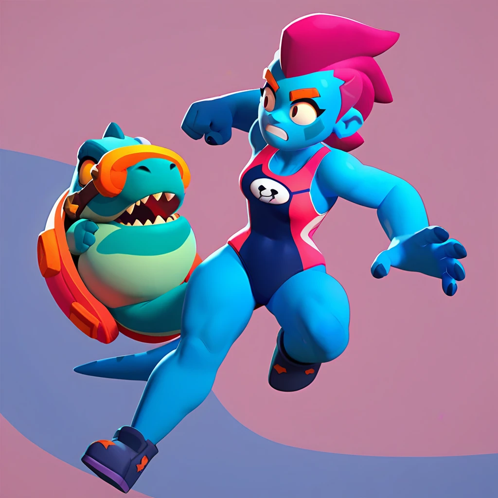 full view of a dinosaur, female, dark blue skin, dinosaur dressed in a swimsuit, having pink and white buoy, dinosaur animal, fight, brawl stars