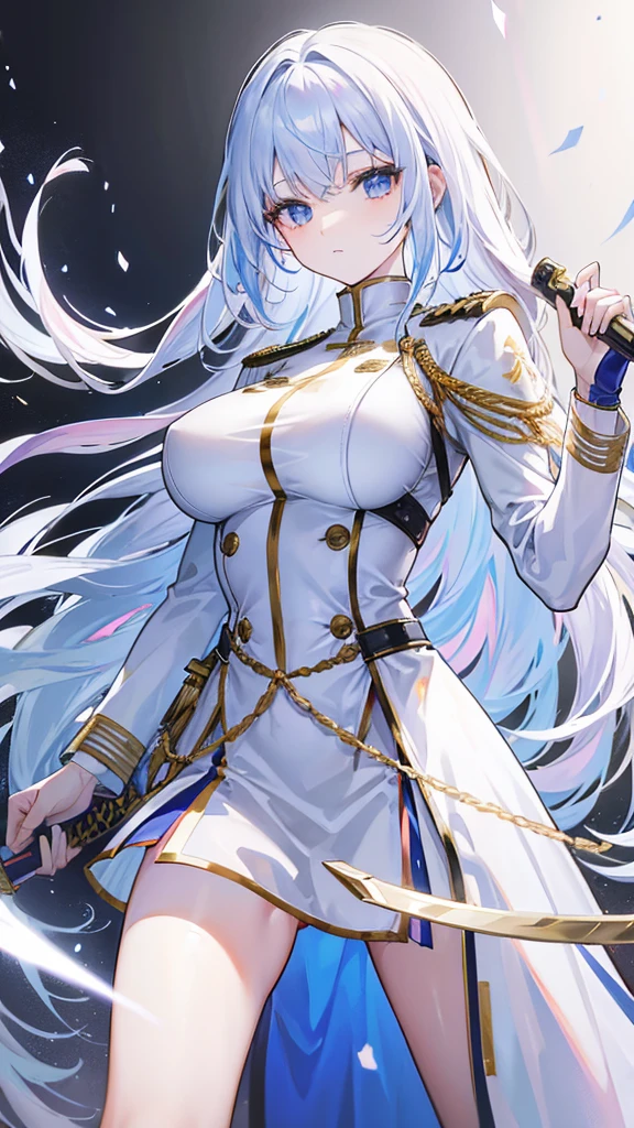Iridescent hair, expressionless, neat white uniform, holding a sword, very large breasts, long straight hair