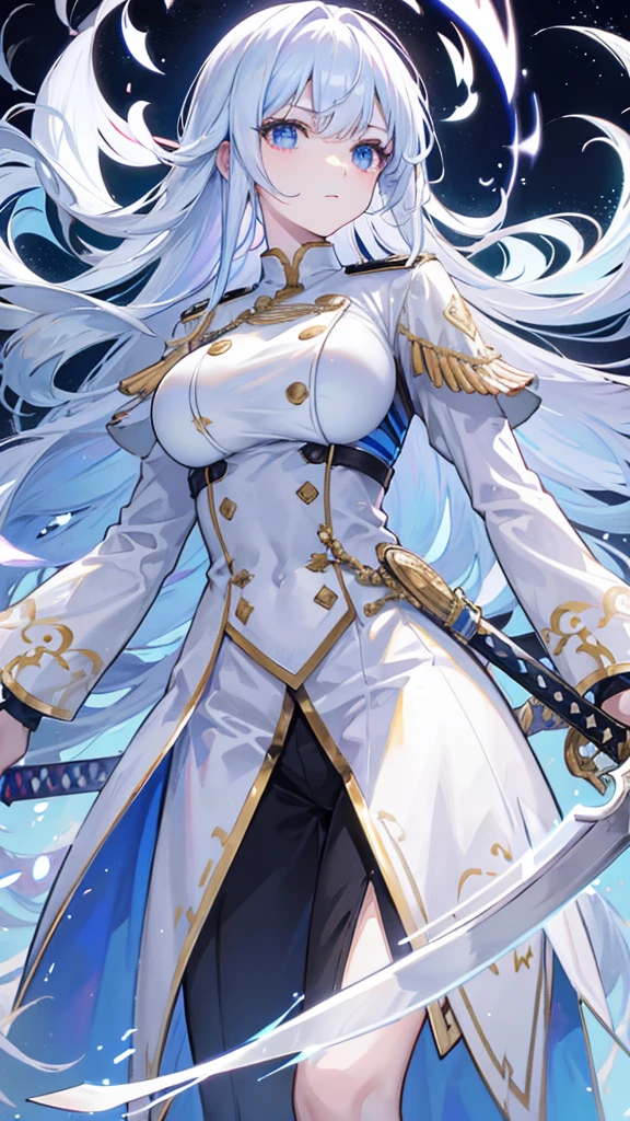 Iridescent hair, expressionless, neat white uniform, holding a sword, very large breasts, long straight hair