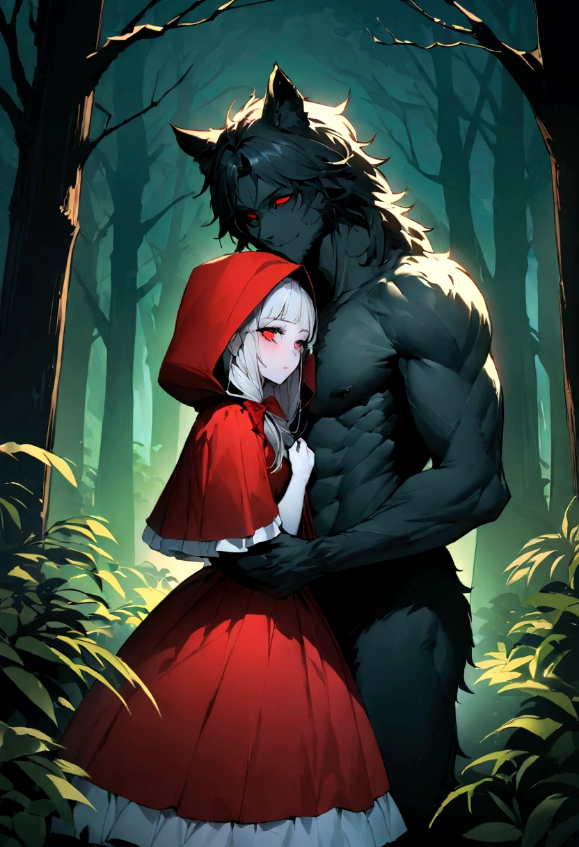 (award winning, 8k, super detailed, high resolution, best quality), (a young man with red hair and black jacket, smirk face and), (a werewolf with red velvet fur), (standing side by side), detailed eyes, extremely detailed face and features, detailed fangs, in a dark mysterious forest at night, moonlight shining, mist, old trees, moonlit forest, moody lighting, horror atmospheric