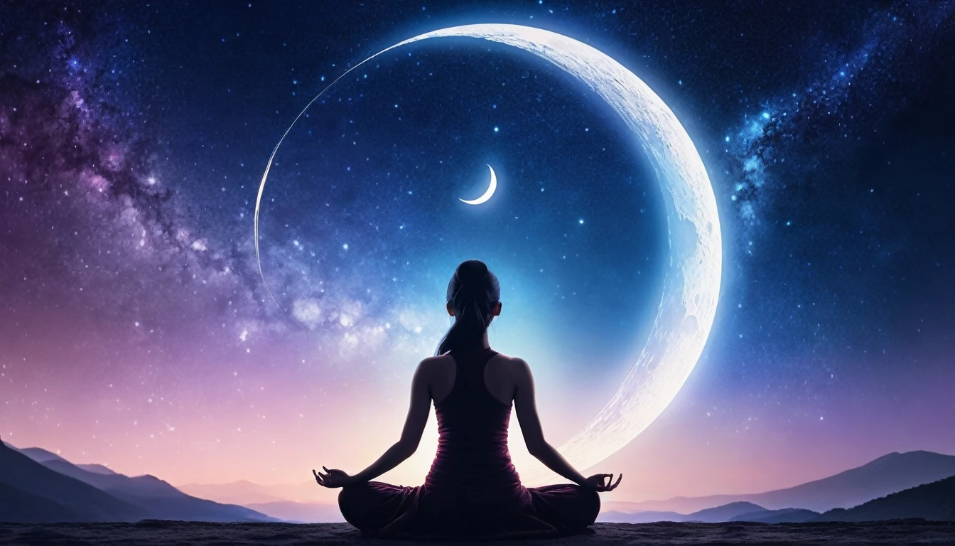 Woman facing backwards sitting in zen meditation pose、Fusion with space bodies, The crescent moon of the new moon shines brightly, The Infinite Universe, Ultra-fantastical、Chakraの解放、The infinite mystery of the universe and the individual's cosmic symbiosis. A pillar of light descends onto the place where the person is sitting., Penetrating deep into the Earth's mantle. This means a ground connection to the earth, Transcending it through meditation、Anchoring a person to physical reality. The lighting in this image is as balanced as the air, Physical and metaphysical. Use a wide-angle lens, 16-35mm f, wait./2.8, This allows you to capture a wide range of images., Small openings like F/If you use u can focus on all the elements. About lighting, soft, Throwing diffused light on a meditating figure、Shine with a fantastic glow, It means the illumination of enlightenment. For background, dynamic contrast、Flying out of the inner layers of the galaxy and the Earth, Use post-production techniques to fine-tune the details, yoga, 8K Wallpaper, Cinema lighting, Falling from a rift in space-time, Chakra, Kundalini, mysterious, Enlightenment,