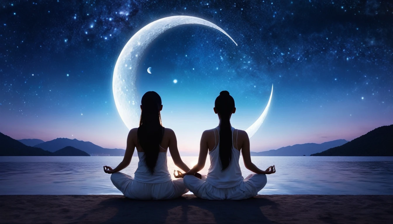 Woman facing backwards sitting in zen meditation pose、Fusion with space bodies, The crescent moon of the new moon shines brightly, The Infinite Universe, Ultra-fantastical、Chakraの解放、The infinite mystery of the universe and the individual&#39;s cosmic symbiosis. A pillar of light descends onto the place where the person is sitting., Penetrating deep into the Earth's mantle. This means a ground connection to the earth, Transcending it through meditation、Anchoring a person to physical reality. The lighting in this image is as balanced as the air, Physical and metaphysical. Use a wide-angle lens, 16-35mm f, wait./2.8, This allows you to capture a wide range of images., Small openings like F/If you use u can focus on all the elements. About lighting, soft, Throwing diffused light on a meditating figure、Shine with a fantastic glow, It means the illumination of enlightenment. For background, dynamic contrast、Flying out of the inner layers of the galaxy and the Earth, Use post-production techniques to fine-tune the details, yoga, 8K Wallpaper, Cinema lighting, Falling from a rift in space-time, Chakra, Kundalini, mysterious, Enlightenment,