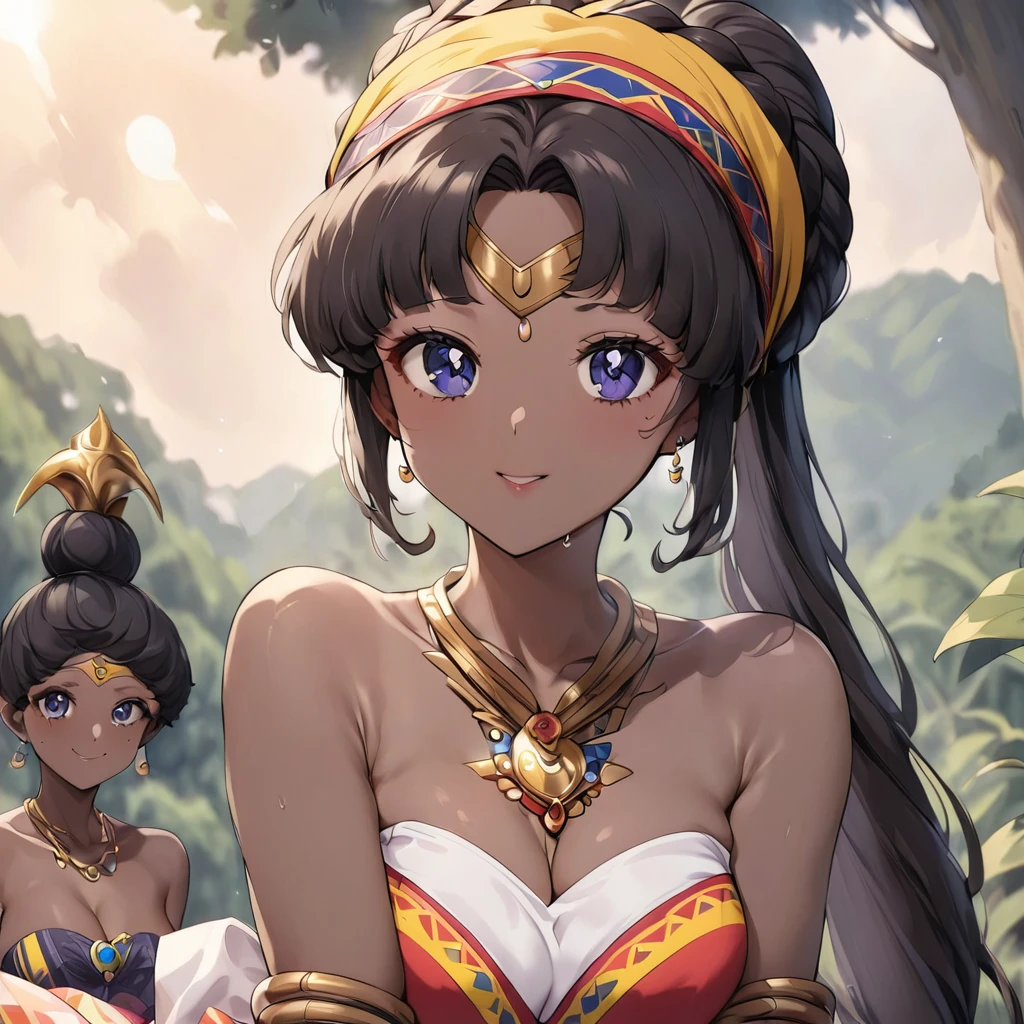((Highest quality)), ((masterpiece)), (detailed), (Perfect Face)、The woman is a Ghanaian born Tsukino Usagi with a vivid dark skin, black by birth, and is wearing a colorful Ghanaian dress from a Ghanaian village, a colorful turban head scarf, gorgeous jeweled accessories, and an engagement ring.、The woman is the elegant Tsukino Usagi, with short, naturally curly dreadlocks and black hair like an African. The woman is wearing a colorful Ghanaian dress and a colorful turban headscarf, with vivid dark brown skin. She is a natural black and Ghanaian by birth.、(The woman is a black Ghanaian with vivid dark brown skin.)、The woman is spending time with other village girls in her village in Ghana.