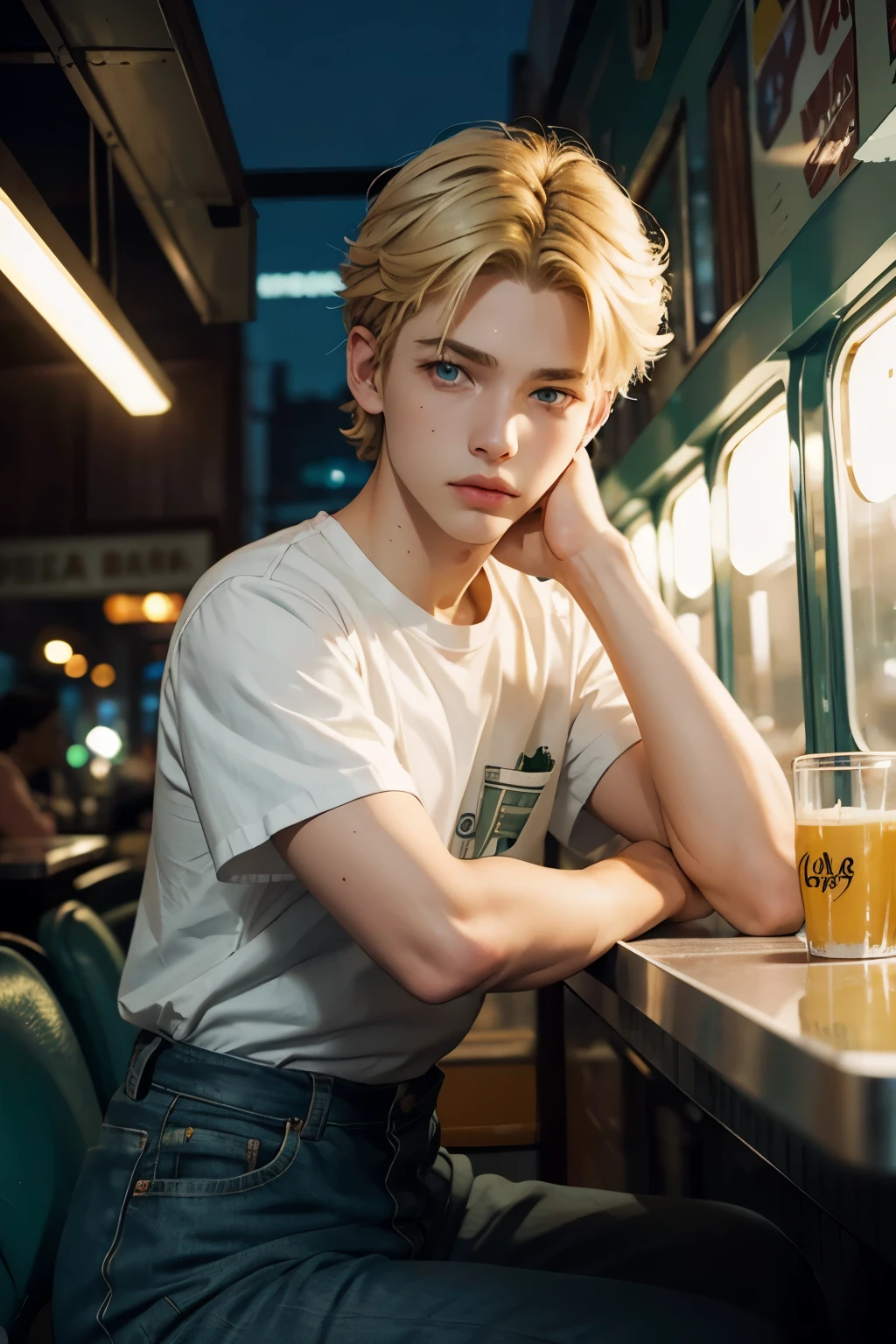 Beautiful boy, short blonde hair, big slanted eyes, green eyes, American diner at night,