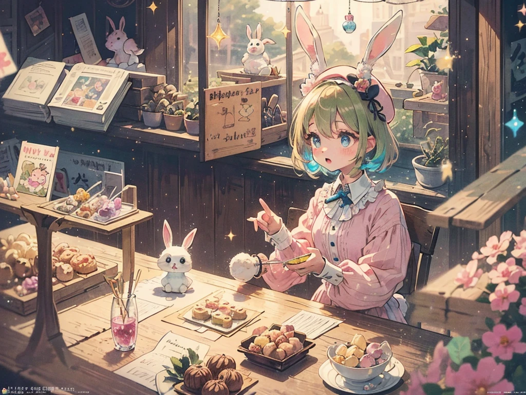 1girl, Pearl encrusted Bunny Ears, cute girl with bunny ears, wearing a beret hat, pearls, kawaii theme, sweet and innocent expression, big eyes, Her bunny ears are soft and fluffy, pastel-colored dress, blouse with a cute skirt. beret hat is a soft and cozy knit, with small pearls sewn onto it, sparkle, kawaii background, light particles, bunny-shaped bubbles, cute and colorful patterns of cute animals and sweets, kawaii culture, toys. charming and whimsical vibes, magical, innocent, ,((best quality)), ((masterpiece)), (extreme detailed, highest detailed, official art, beautiful ,aesthetic),