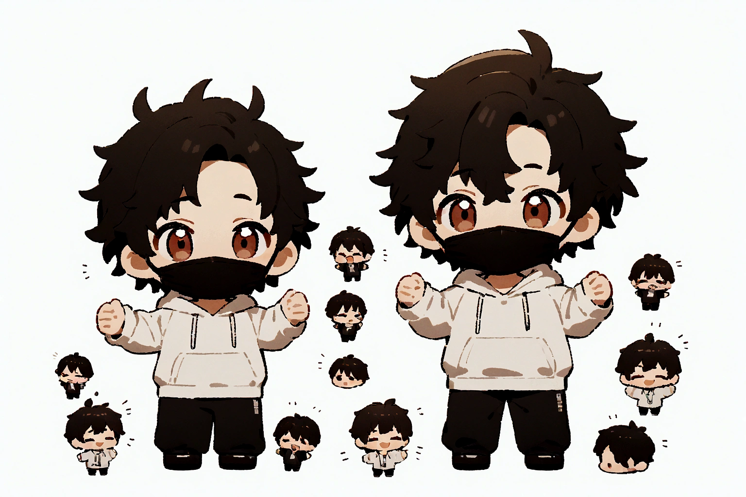 masterpiece,chibi,1man, tareme, black hair, mouth mask, full body, white background, simple background, very short hair, messy hair, hoodie, smile, hands up,
