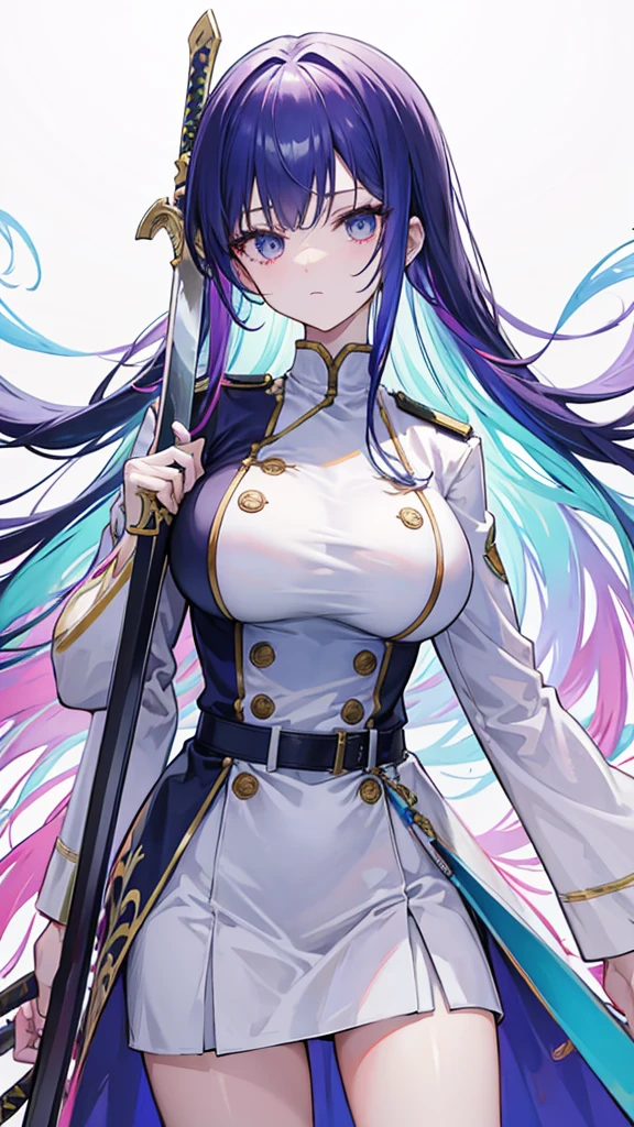 rainbow colored hair, expressionless, neat white uniform, holding a sword, very large breasts, long straight hair