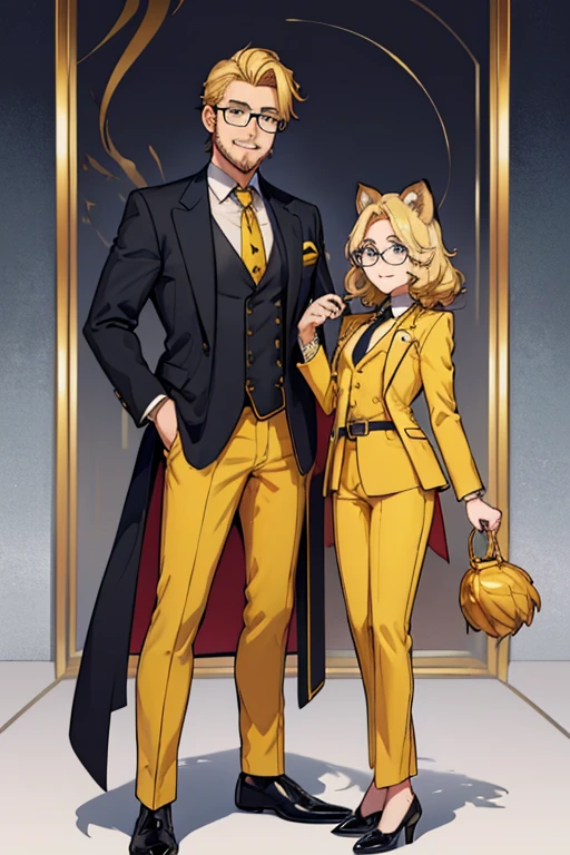 male, blonde hair, blue eyes, trimmed goatee, (((1boy))), (((golden yellow business suit))), (golden yellow pants), (black dress shirt), (brown necktie), (black dress shoes), (glasses), older man, lion ears on head, smiling