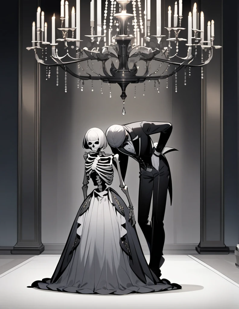 a skeleton female butler with short hair, wearing a feminine suit, with a skeleton face, in a bowing pose, in a large gray room with a beautiful chandelier