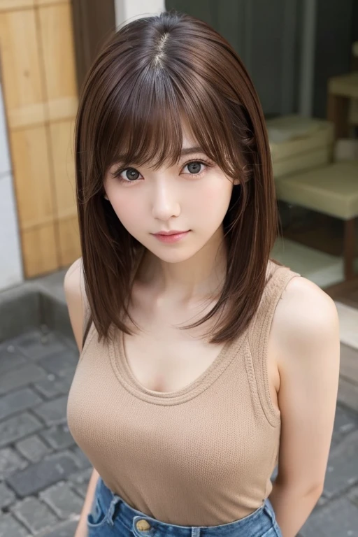 Beautiful woman、Japanese、Gal、Brown Hair、Tank top、Upper Body、Standing posture、Shoot from above、bangs、looking at the camera、Close-up