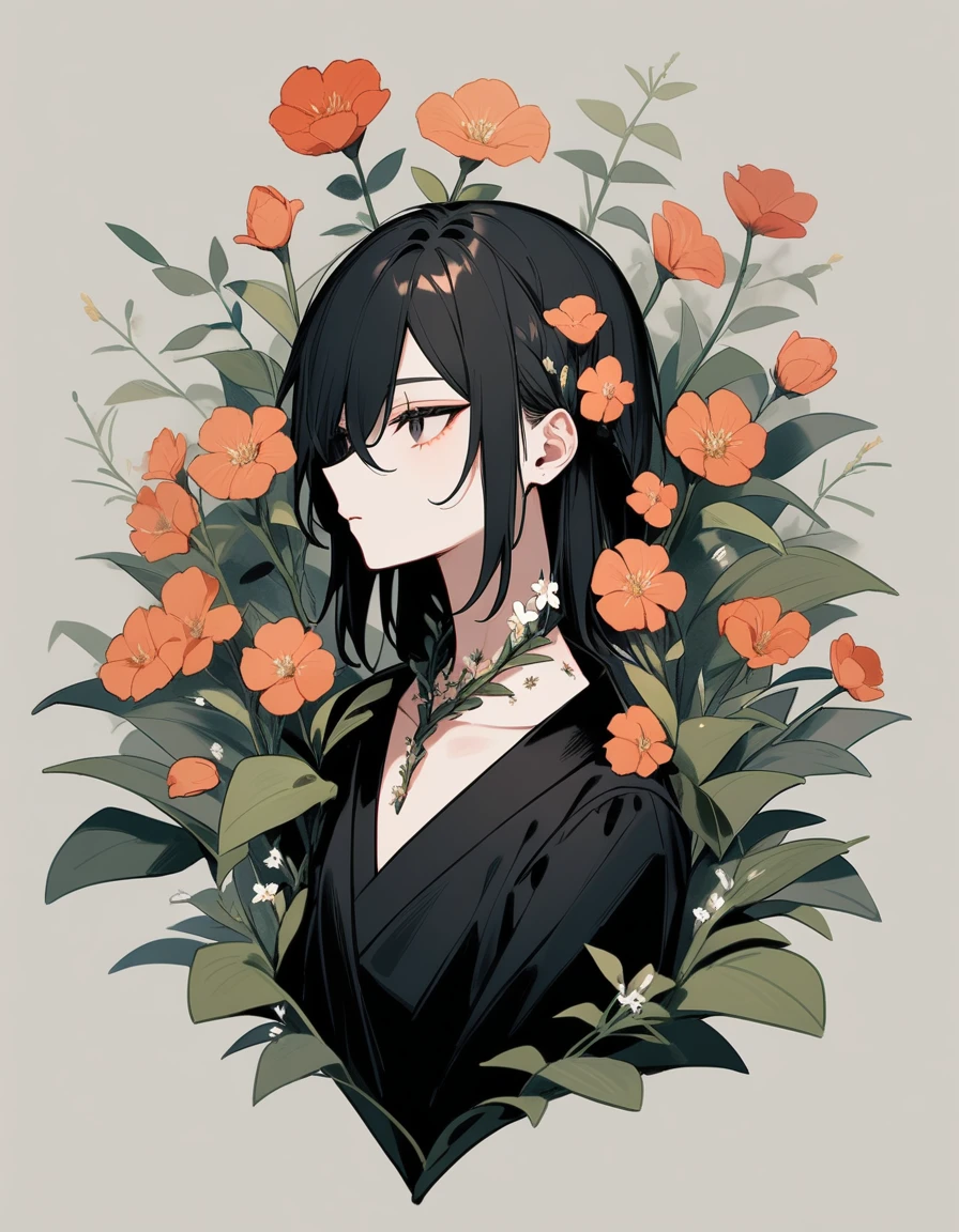 17-year-old girl, Dark look, Flowers growing on my neck, whole body