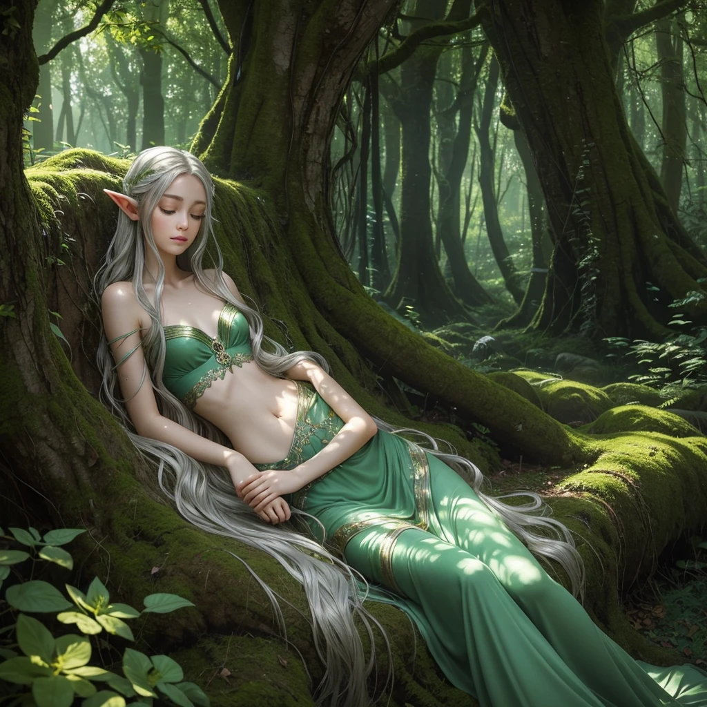 A stunningly beautiful elf, with delicate features and luminous green eyes, is nestled in a cozy corner of a magical forest glade. Her ethereal skin glows softly beneath the dappled sunlight filtering through the canopy above, revealing a slender yet curvaceous form. Her long, wavy silver hair cascades around her like a shimmering waterfall, and she sleeps peacefully, cradled by a plush pillow made of soft moss. The setting is serene and tranquil, with luminescent flowers and fairy lights illuminating the space, casting a warm, enchanting glow upon the sleeping elf. Her attire is a simple, flowing