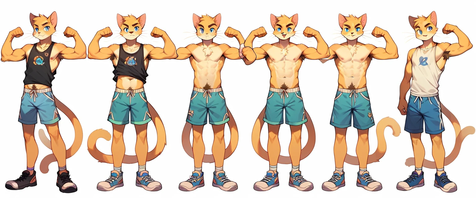 score_9, score_8_up, score_7_up, 
full length, high quality, hires, anthro, male, teenager, , domestic cat, yellow fur, blue eyes, slender body, chiseled v-line, low shorts, white background, treasure trail, flexing arms, armpit hair