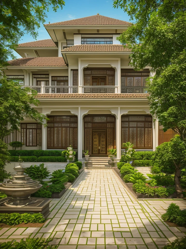 A wide full shot of a stunning  modern style house with a large front entrance, captured by Orshi Drozdik. The house blends traditional Asian and French colonial architectural elements, featuring elegant and subtle art nouveau detailing. The exterior shot provides a full-view of the house, highlighting large windows, ornate balconies, and a beautiful entrance surrounded by lush greenery. The serene and majestic atmosphere is enhanced by the intricate design details and the perfect blend of Eastern and Western influences. Shallow depth of field, focused foreground, bokeh background. ((8k)), high quality detail, sophisticated and harmonious landscape, elegance with art nouveau accents.
