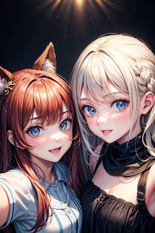 Portrait two girls, take a selfie , it's raining stars