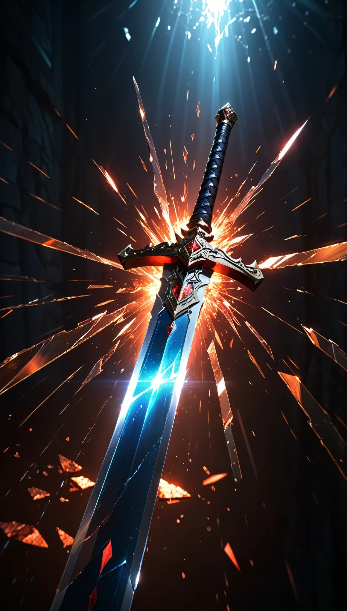 shattered glass，broken，refraction，Reflective，Light and Shadow Art，1 Girl，Half Body，Blurred foreground，Dynamic Action，Motion Blur，Luminescence(Giant Long Sword:1.8)，Red light，Realistic sword，3d ，Unreal Engine，Rendering，scary shadows
