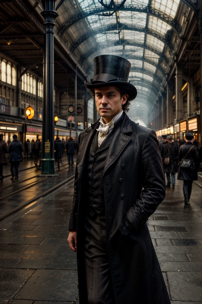 In the late 18th century, Waterloo Station was a burgeoning hub of activity, even in its early stages of development. The air was filled with the sounds of horse-drawn carriages clattering along the cobblestone streets outside, and the steady hum of steam engines preparing for departure. The station, with its grand arches and iron framework, stood as a testament to the industrial age. Gas lamps flickered, casting a warm, amber glow over the travelers who hurried along the platforms, clutching their belongings tightly. The scent of coal and steam mingled with the cool, crisp London air. Men in top hats and tailcoats, and women in long dresses and bonnets, moved purposefully through the space, each absorbed in their own journey. Amidst the hustle and bustle, Waterloo Station captured the spirit of progress and the promise of new beginnings in the heart of London.