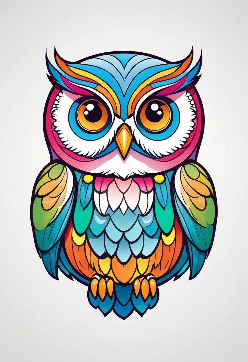 happy colored owl, kawaii, outline, vector, white background