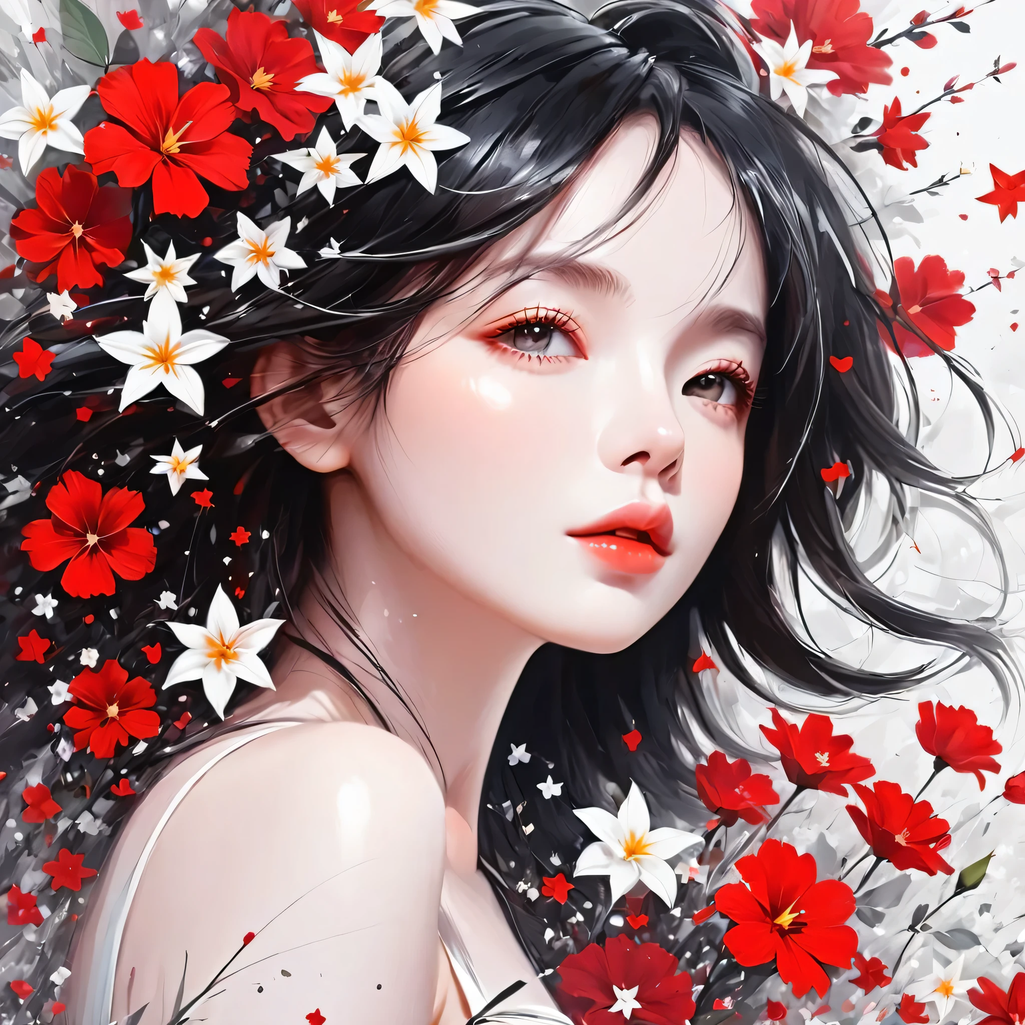Black Star Red and White style, Simple Line Initialism,Abstract art,Urban Background, colorful flowers ,(((The most beautiful girl of all time))), Sweet face., Lips in love
