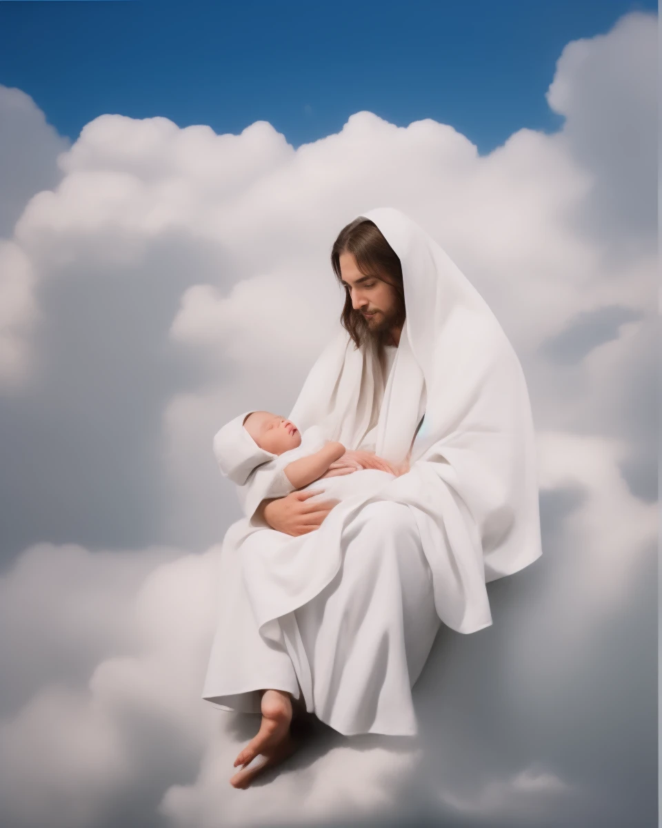 jesus christ, hold a , wearing white cloth, face to face with the babyaring long, sitting on the cloud, cloud background, beside view