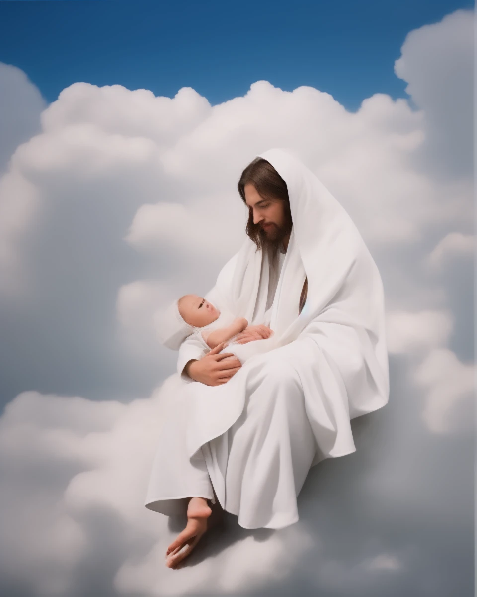 jesus christ, hold a baby, wearing white cloth, face to face with the baby, wearing long, sitting on the cloud, cloud background, beside view