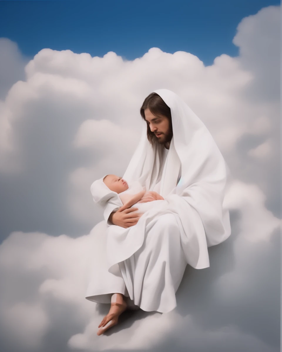 jesus christ, hold a baby, wearing white cloth, face to face with the baby, wearing long, sitting on the cloud, cloud background, beside view