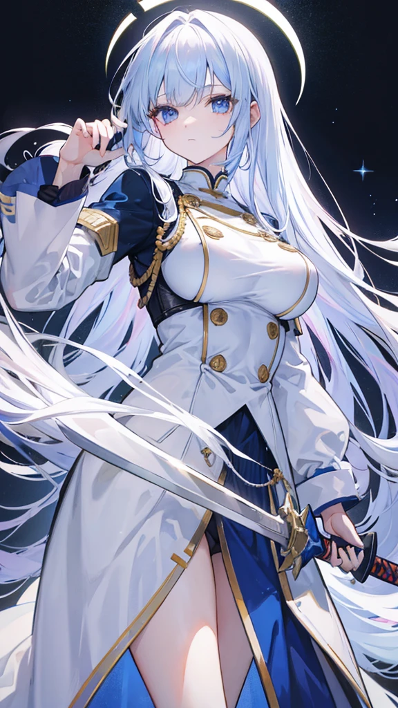 Iridescent hair, expressionless, neat white uniform, holding a sword, very large breasts, long straight hair