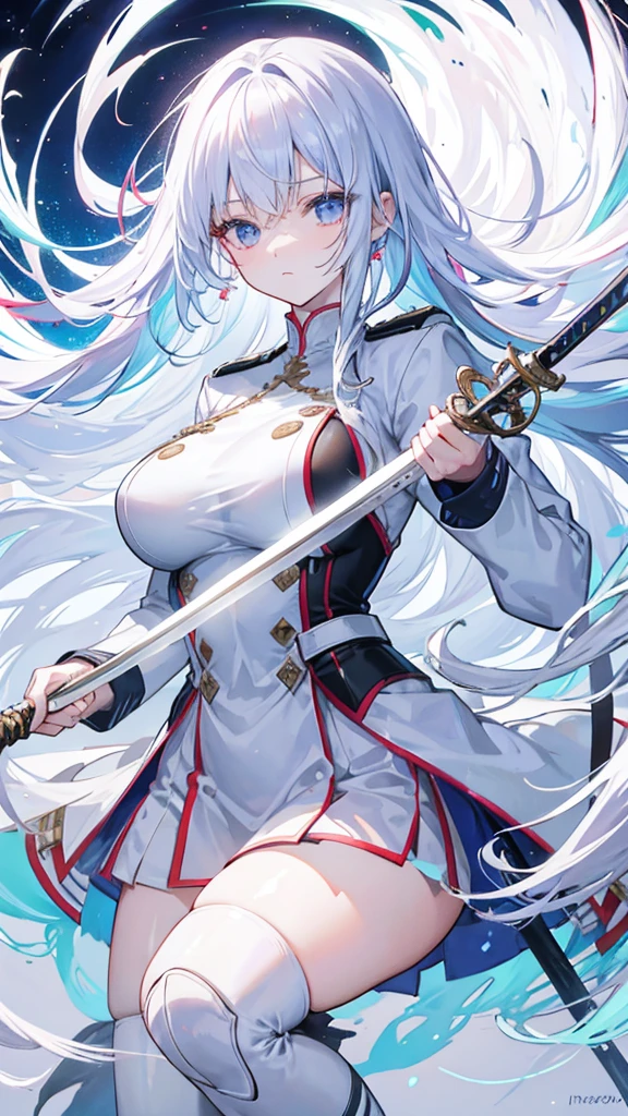 Iridescent hair, expressionless, neat white uniform, holding a sword, very large breasts, long straight hair